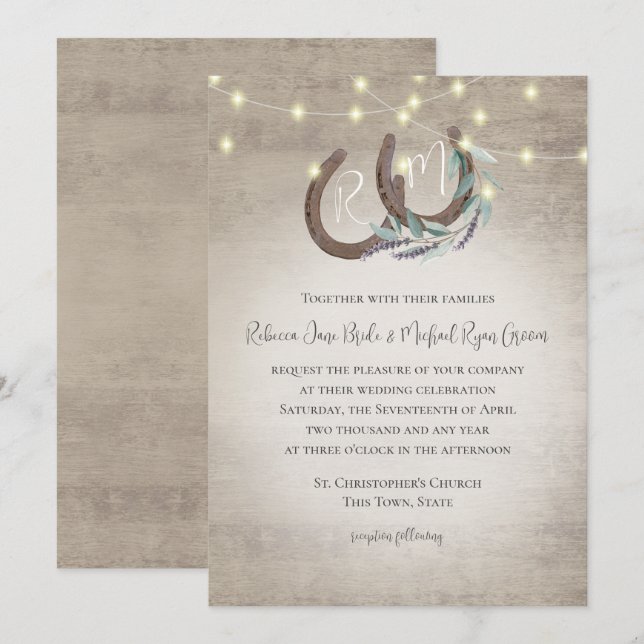 Horseshoe Monogram Lavender and Sage Watercolor  Invitation (Front/Back)