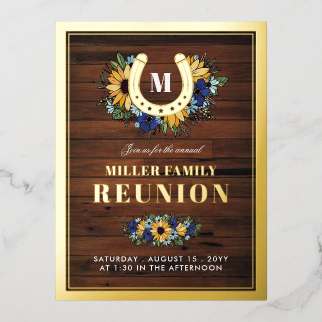 Horseshoe Monogram Sunflowers Wood Family Reunion Foil Invitation Postcard (Front)