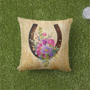 Horseshoe Rustic Watercolor Floral Good Luck Outdoor Pillow