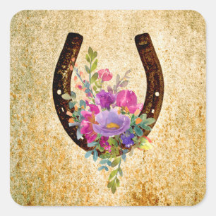 Horseshoe Rustic Watercolor Floral Good Luck Square Sticker