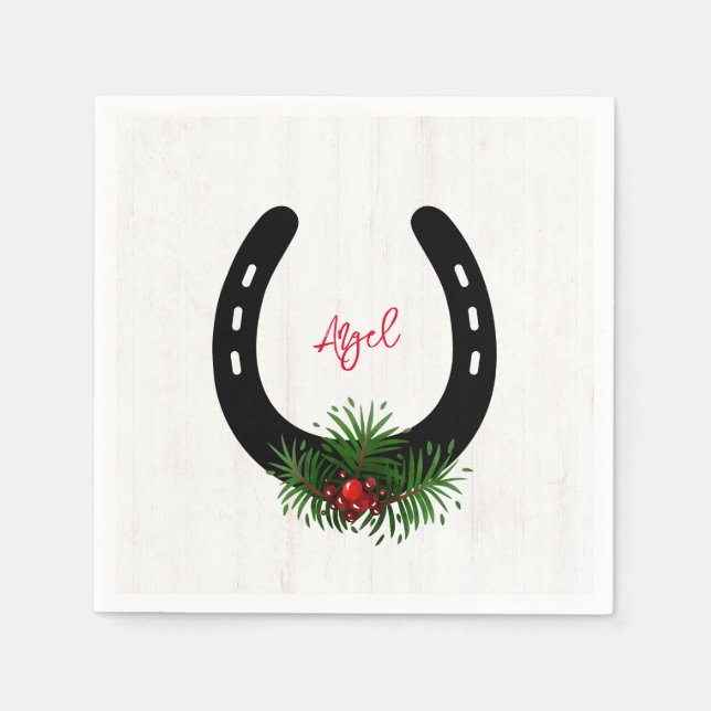 Horseshoe Silhouette Christmas Greenery NAME  Napkin (Front)