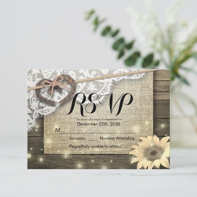 Horseshoe Sunflower Wood Wedding RSVP Kindly Reply (Standing Front)