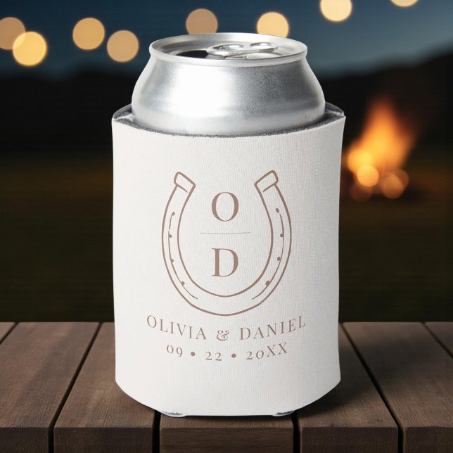 Horseshoe Western Country Brown Monogram Wedding  Can Cooler (Creator Uploaded)