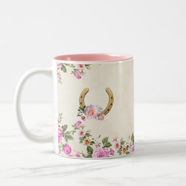  Horseshoe with Flowers on Beige Two-Tone Coffee Mug (Left)