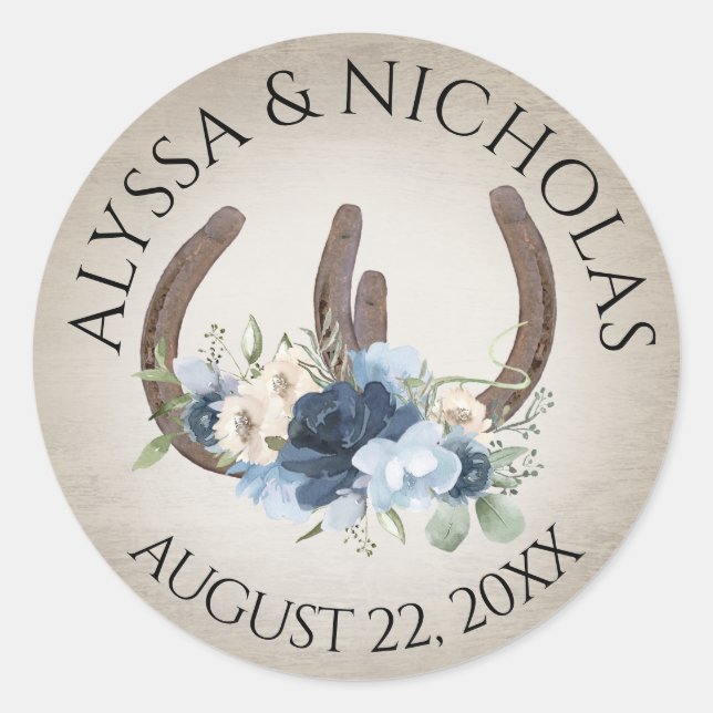 Horseshoes and Blue Flowers Rustic Classic Round Sticker (Front)