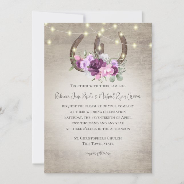Horseshoes and Lights Floral Barn Wood Invitation (Front)