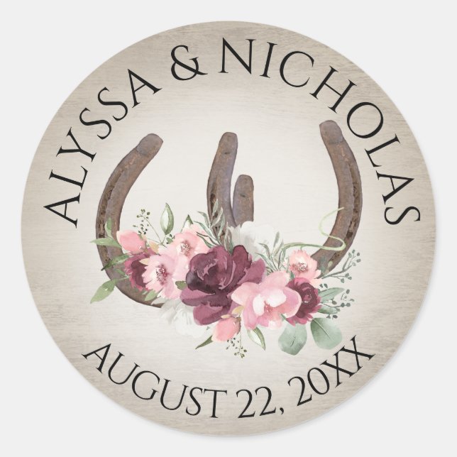 Horseshoes and Pink Flowers Rustic Classic Round Sticker (Front)
