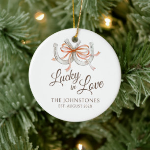 Horseshoes and ribbons lucky in love wedding photo ceramic ornament
