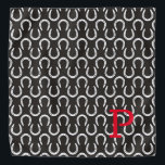 Horseshoes Black Initial Horse Equestrian Cowboy Bandana<br><div class="desc">Horseshoe pattern in white on black background with custom INITIAL in red. Easy to personalize text, text colour, font. Great Bandana for ANY horse lover, cowboy, barn team, equestrian, pet scarf, horse show souvenir, horse memorial, event favour. Unisex, multi use. Colourful, Timeless, Fun. A Timeless Keepsake. Mix and match entire...</div>