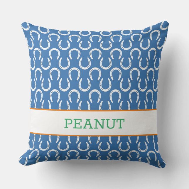 Horseshoes Blue Horse Pet NAME Photo Keepsake Throw Pillow (Front)