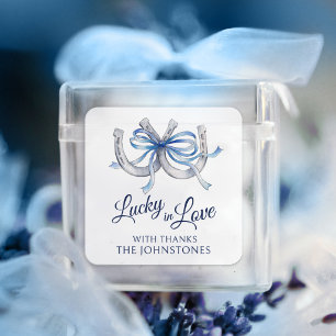 Horseshoes blue ribbon watercolor wedding square sticker