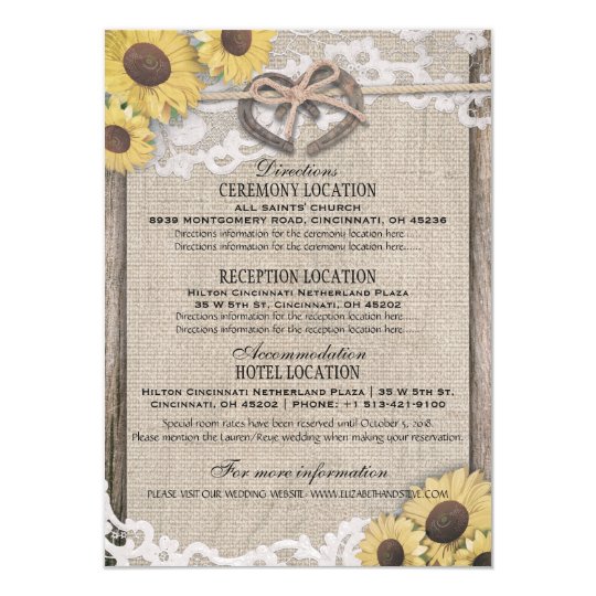 Horseshoes Burlap Lace Sunflower Wedding Details Card