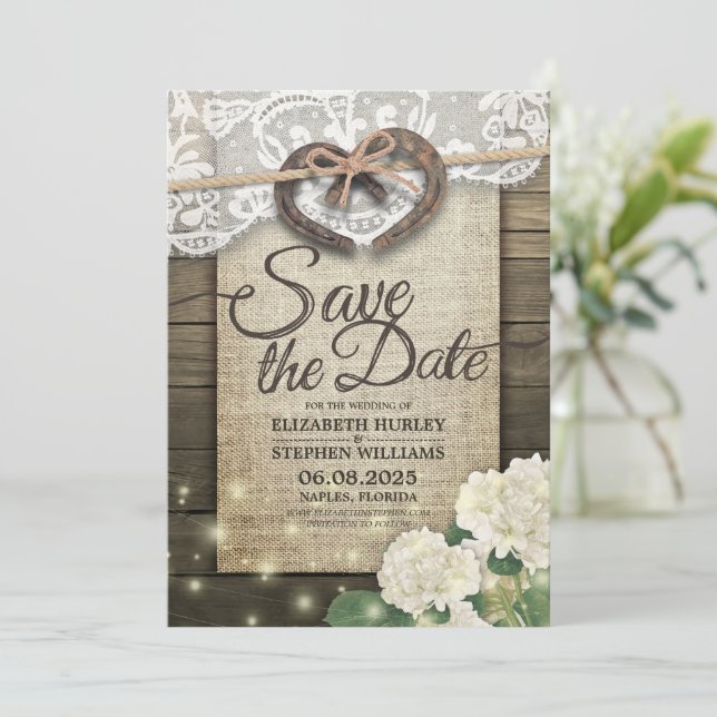 Horseshoes Hydrangea Country Wedding Save The Date (Standing Front)