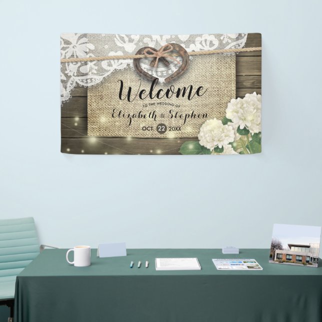 Horseshoes Hydrangea Rustic Wood Wedding Welcome Banner (Tradeshow)