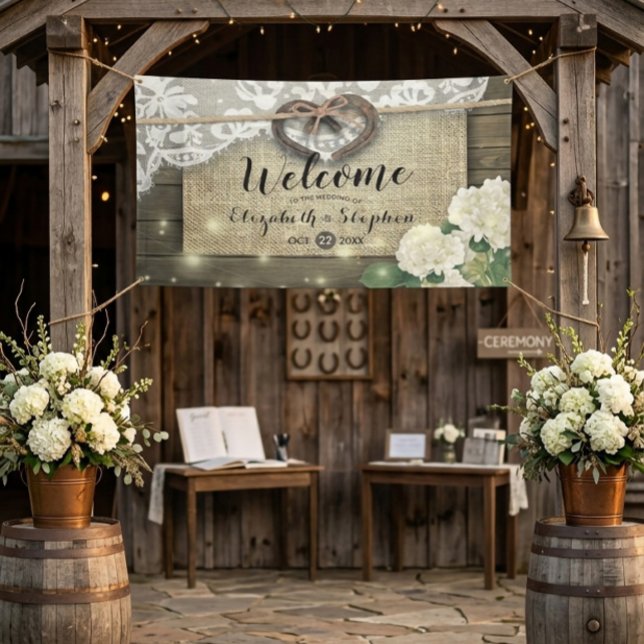Horseshoes Hydrangea Rustic Wood Wedding Welcome Banner (Creator Uploaded)
