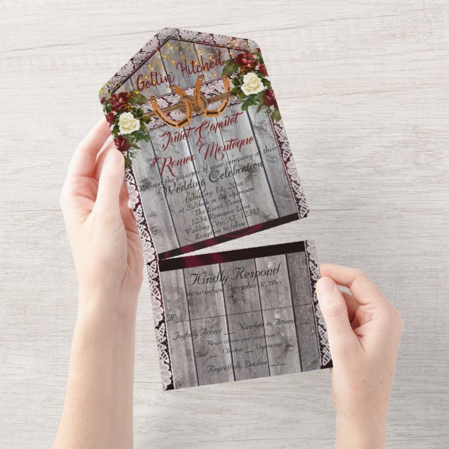 Horseshoes & Lace Gettin' Hitched Wedding All In One Invitation (Tearaway)