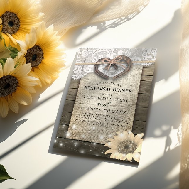 Horseshoes Lace Sunflowers Wood Rehearsal Dinner Invitation (Creator Uploaded)