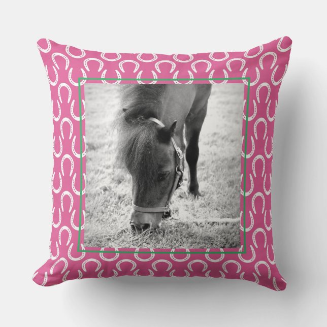 Horseshoes Pink Pet Horse Name Photo Keepsake Thro Throw Pillow (Front)