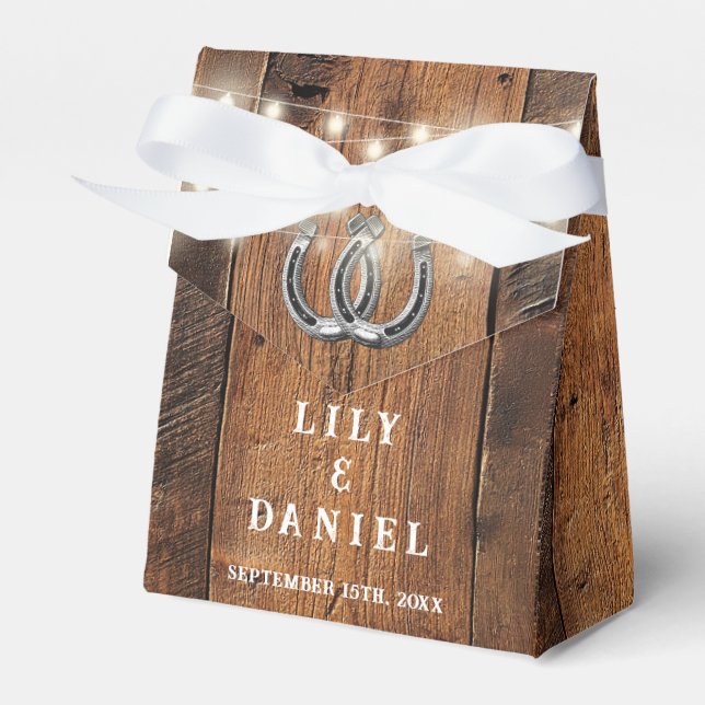 Horseshoes Rustic Wood String Lights Wedding Favor Box (Front Side)
