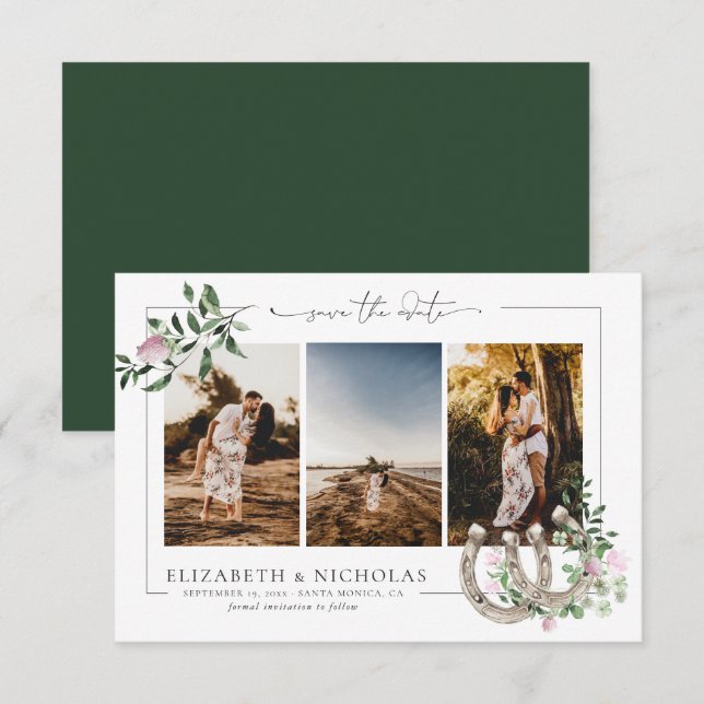 Horseshoes Shamrock Greenery | 3 Photo Wedding Save The Date (Front/Back)