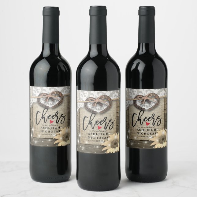 Horseshoes Sunflowers Lace Wedding Cheers to Love Wine Label (Bottles)