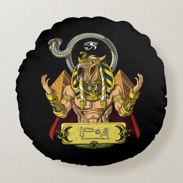 Horus Egyptian God Ra Pyramids Ancient Mythology Round Pillow (Front)