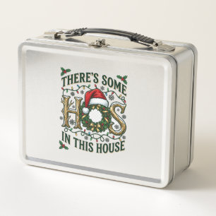 Hos House Christmas Wreath Santa Hat Lights Metal Lunch Box