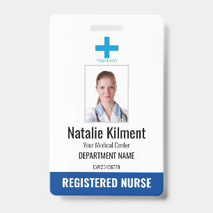 Hospital Employee Photo Name Logo Blue and White Badge