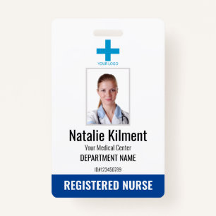 Hospital Employee Photo Name Logo Blue and White Badge