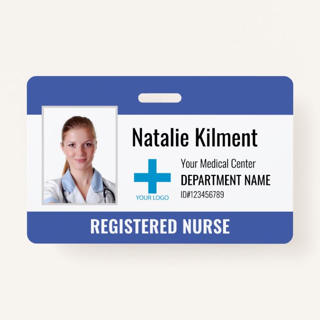 Hospital Employee Photo Name Logo Blue Black White Badge (Front)