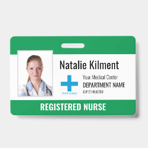 Hospital Employee Photo Name Logo Green and White Badge