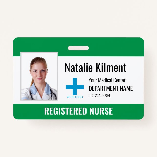 Hospital Employee Photo Name Logo Green and White Badge (Front)