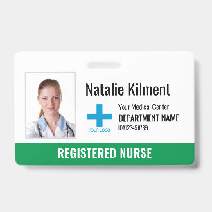 Hospital Employee Photo Name Logo Green and White Badge