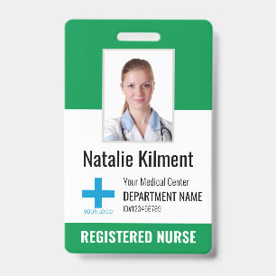 Hospital Employee Photo Name Logo Green and White Badge