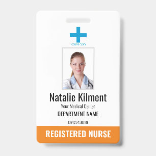 Hospital Employee Photo Name Logo Orange and White Badge