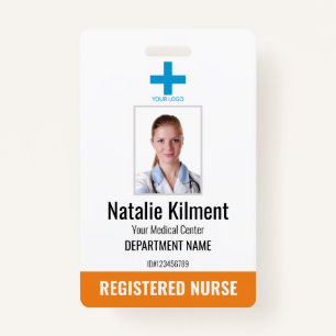 Hospital Employee Photo Name Logo Orange and White Badge