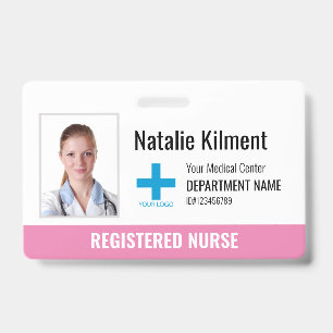 Hospital Employee Photo Name Logo Pink and White Badge