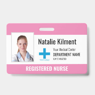 Hospital Employee Photo Name Logo Pink and White Badge