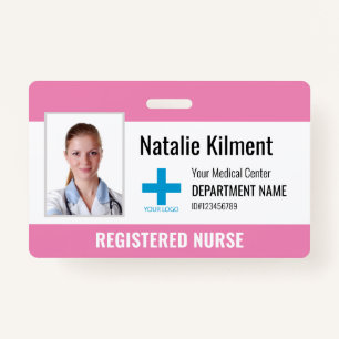 Hospital Employee Photo Name Logo Pink and White Badge