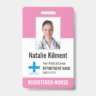 Hospital Employee Photo Name Logo Pink Black White Badge