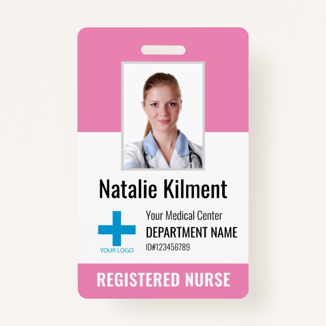 Hospital Employee Photo Name Logo Pink Black White Badge (Front)
