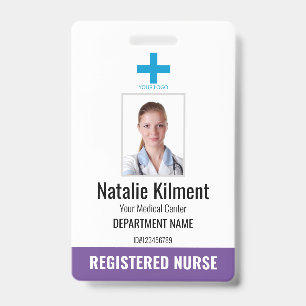 Hospital Employee Photo Name Logo Purple and White Badge