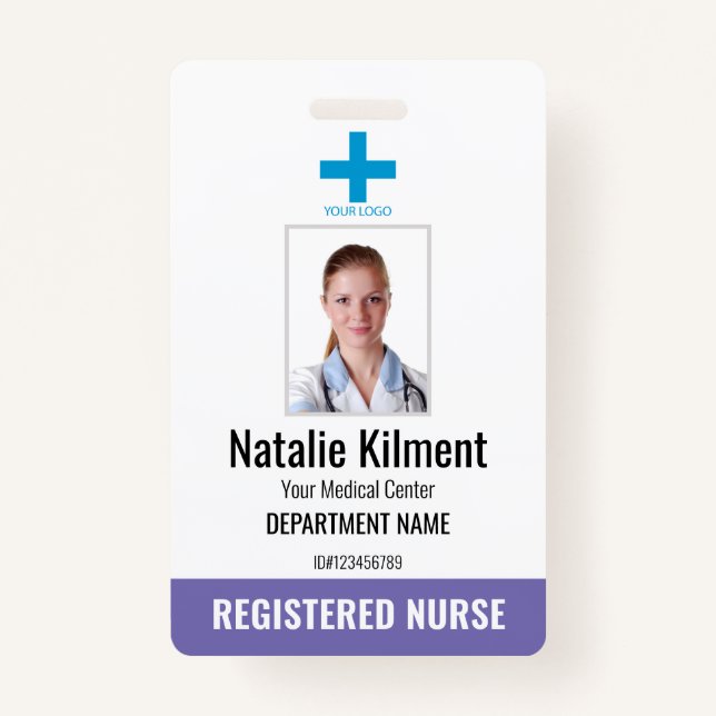 Hospital Employee Photo Name Logo Purple and White Badge (Front)