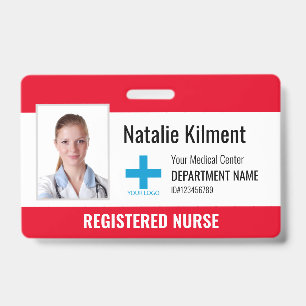 Hospital Employee Photo Name Logo Red and White Badge
