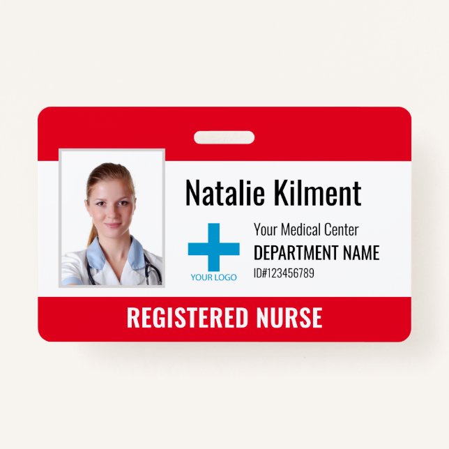 Hospital Employee Photo Name Logo Red and White Badge (Front)