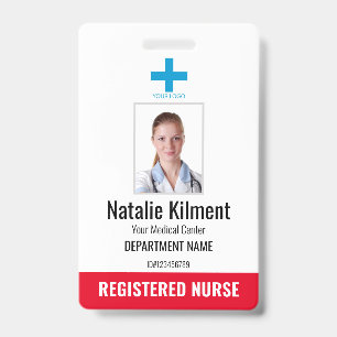 Hospital Employee Photo Name Logo Red and White Badge