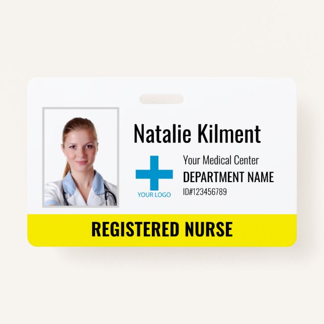Hospital Employee Photo Name Logo Yellow and White Badge (Front)