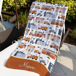 Hospital, Fire, Police City Pattern for Kids Beach Towel