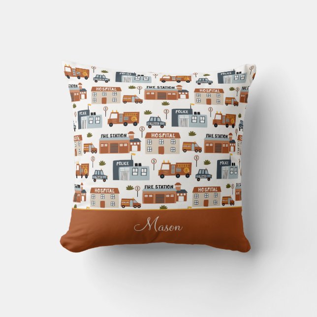 Hospital, Fire, Police City Pattern for Kids Throw Pillow (Front)