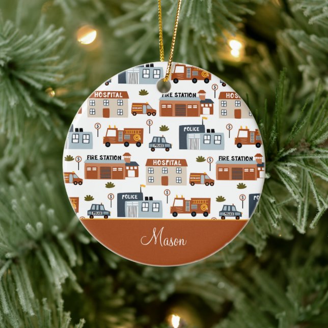 Hospital, Fire, Police City Pattern Kid Christmas Ceramic Ornament (Tree)